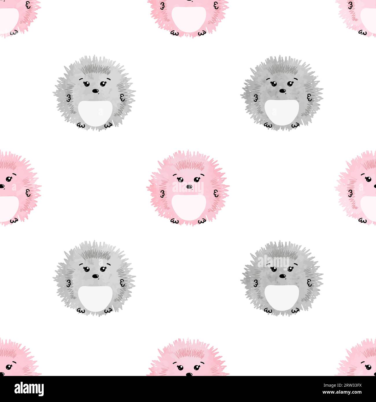 Seamless pattern with cute watercolor hedgehogs. Baby print. Stock Vector