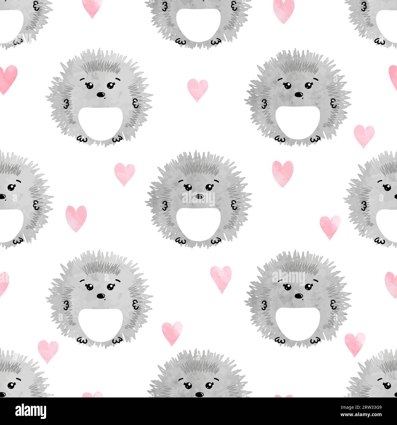 Seamless pattern with cute watercolor hedgehogs and hearts. Stock Vector