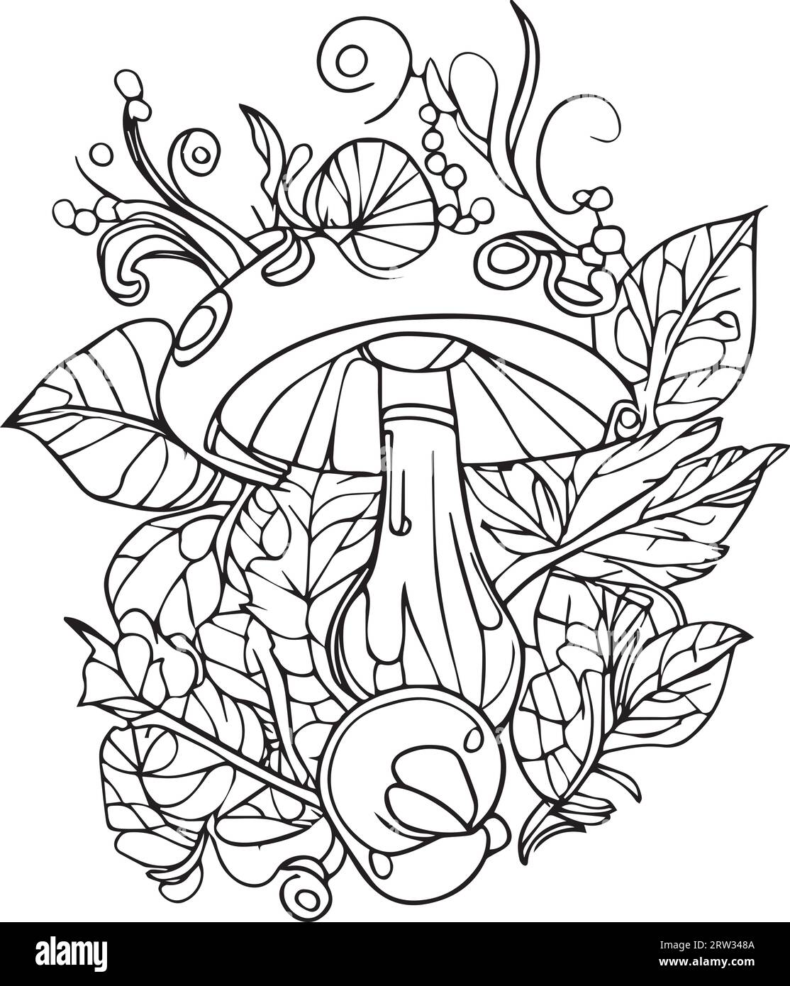 fall leaves handdrawn coloring sheet, mushroom in autumn Happy Fall