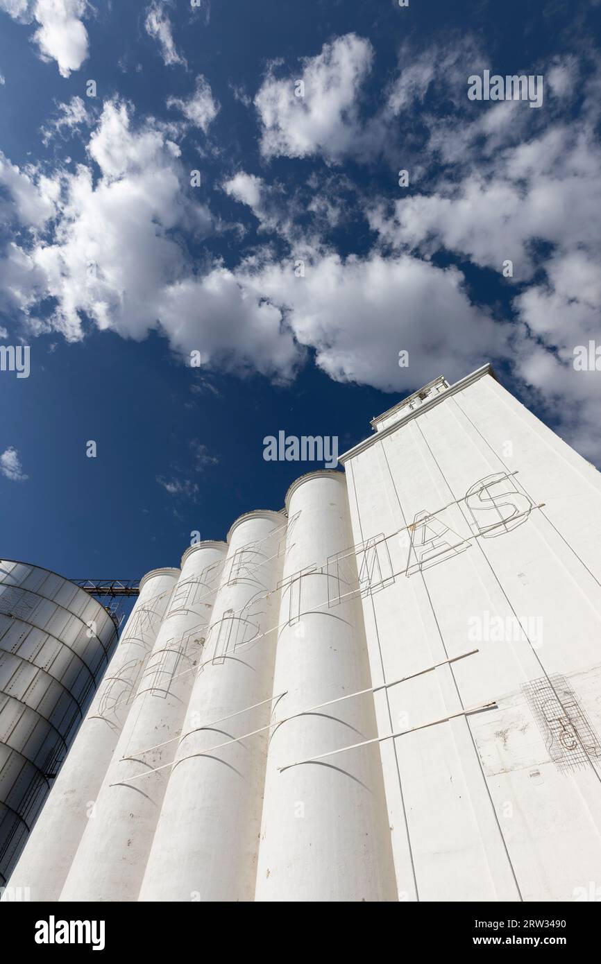 Facade of the Moscow Grain Elevators with unlit “Merry Christmas” lights in Moscow, Idaho on Friday, September 8, 2023. Stock Photo