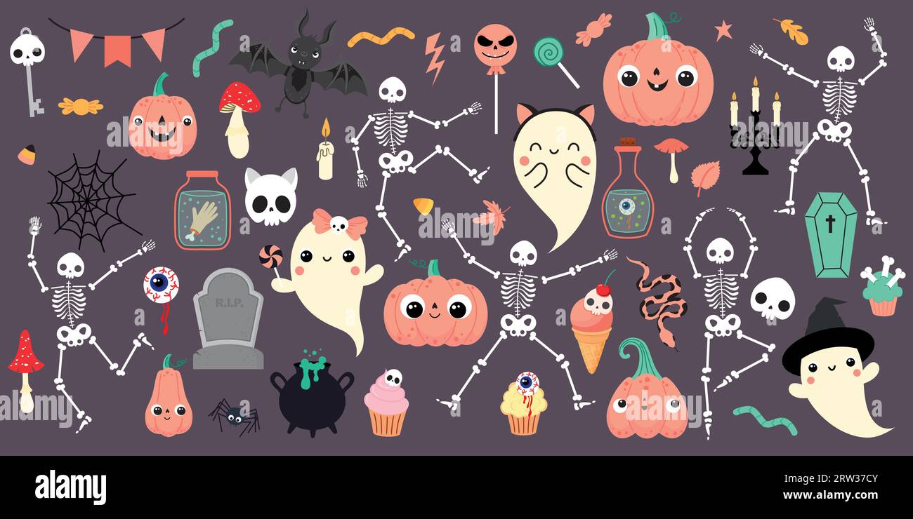 Set of elements for Halloween with cute characters Stock Vector Image ...