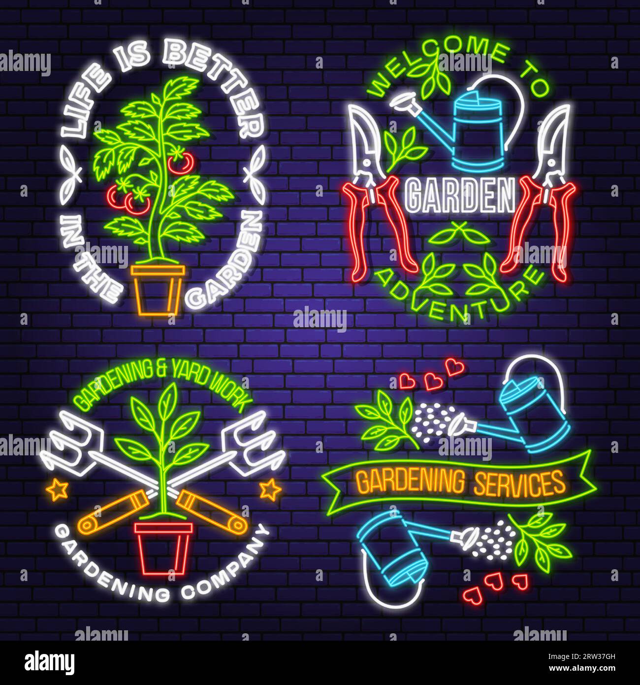 Set of gardening services neon emblem, label, badge, logo. Vector illustration. Colorful neon light design with hand secateurs, garden pruner Stock Vector