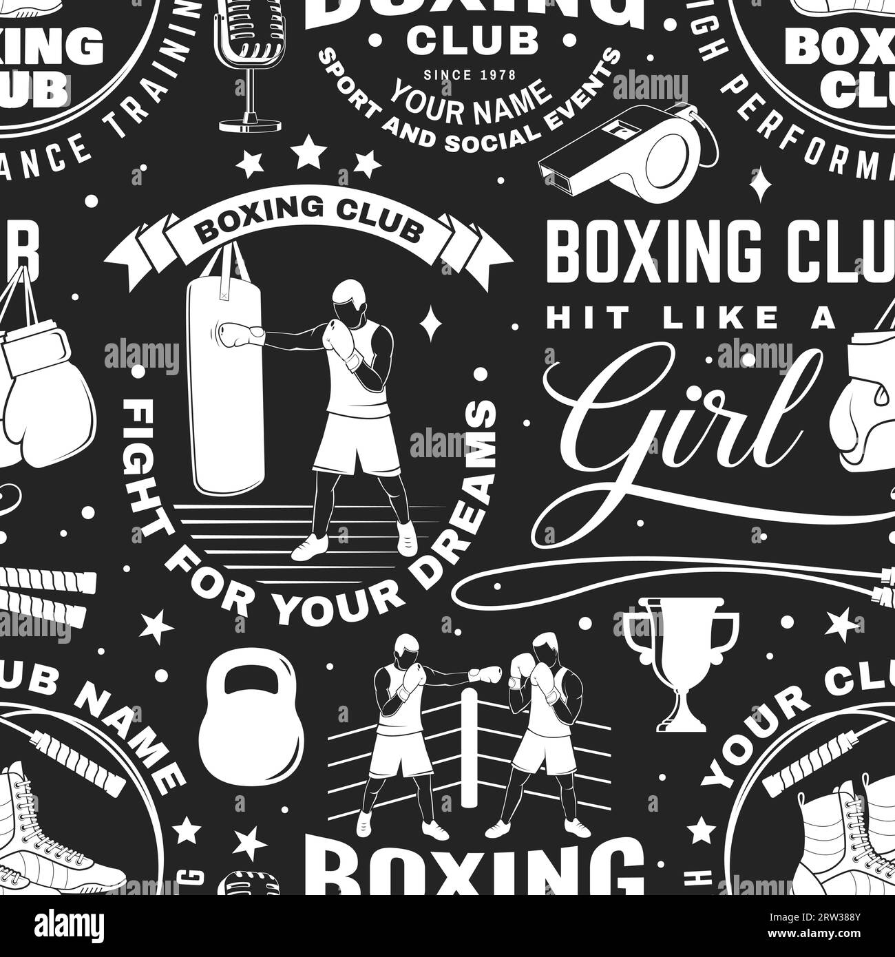 Boxing club seamless pattern. Vector. Background with Boxing sport club emblem, sign, patch. Concept for background or wallpaper with Boxer, gloves Stock Vector