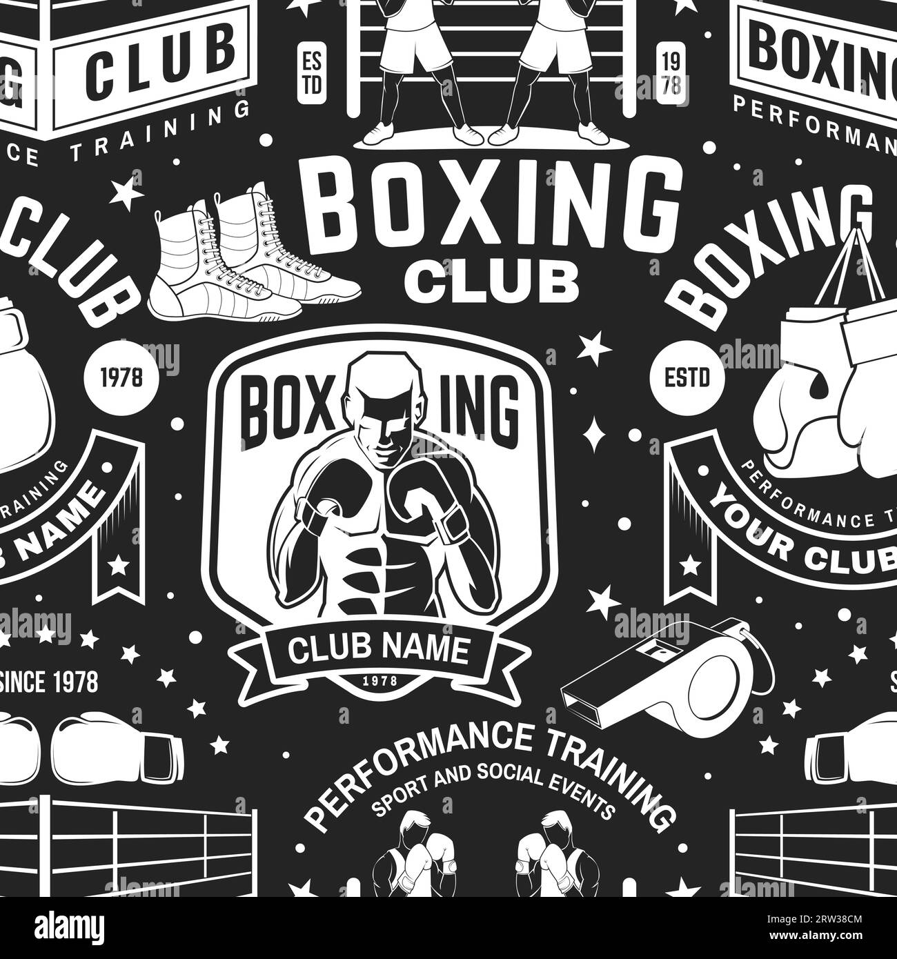 Boxing club seamless pattern. Vector. Background with Boxing sport club emblem, sign, patch. Concept for background or wallpaper with Boxer, gloves Stock Vector