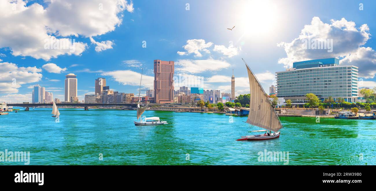 Famous Nile River view, boats and skyline of Cairo, Egypt Stock Photo ...