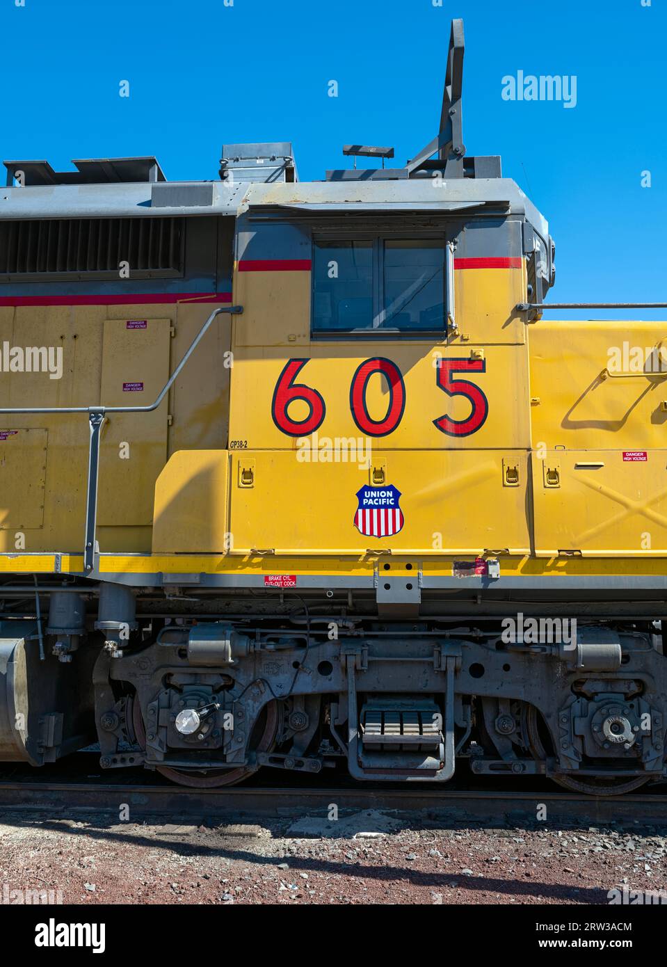 The cab of Union Pacific locomotive 605 waiting at the rail yard in