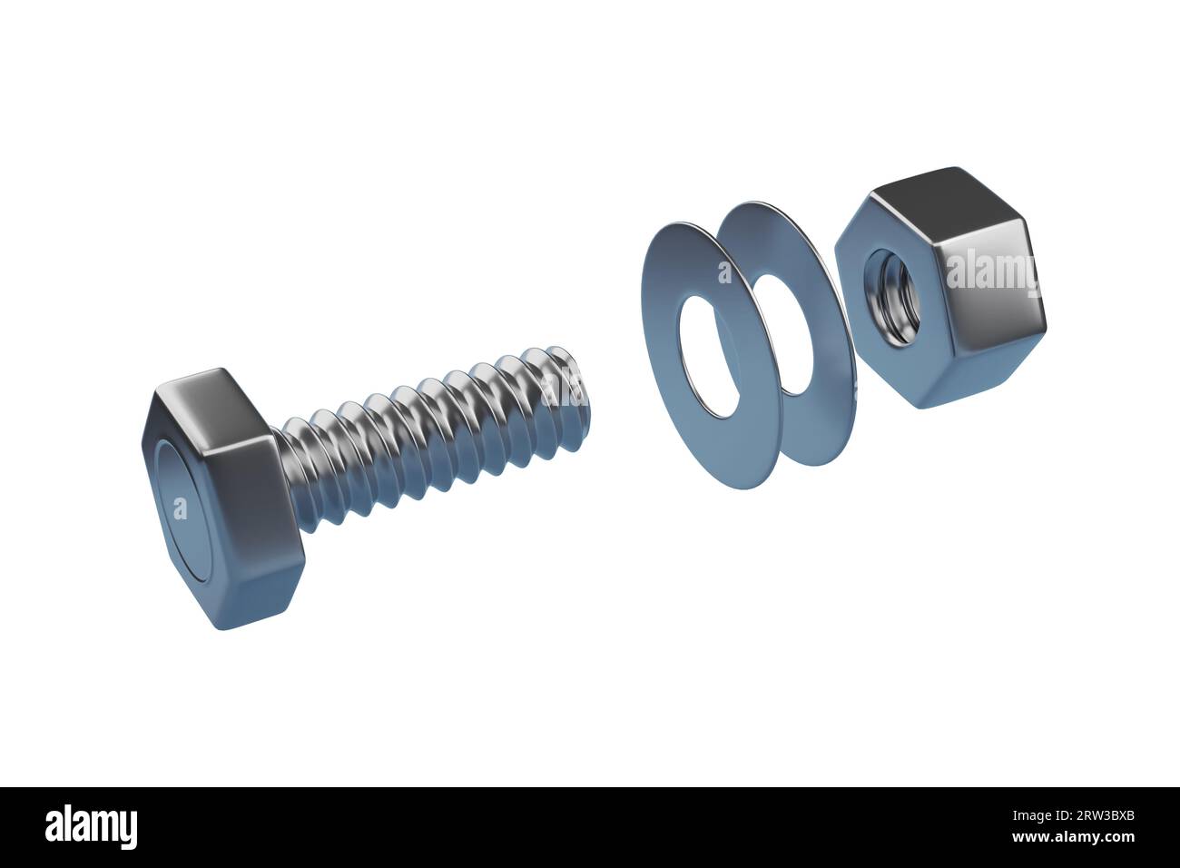 Bolt with nut and washers isolated on white background. 3d illustration