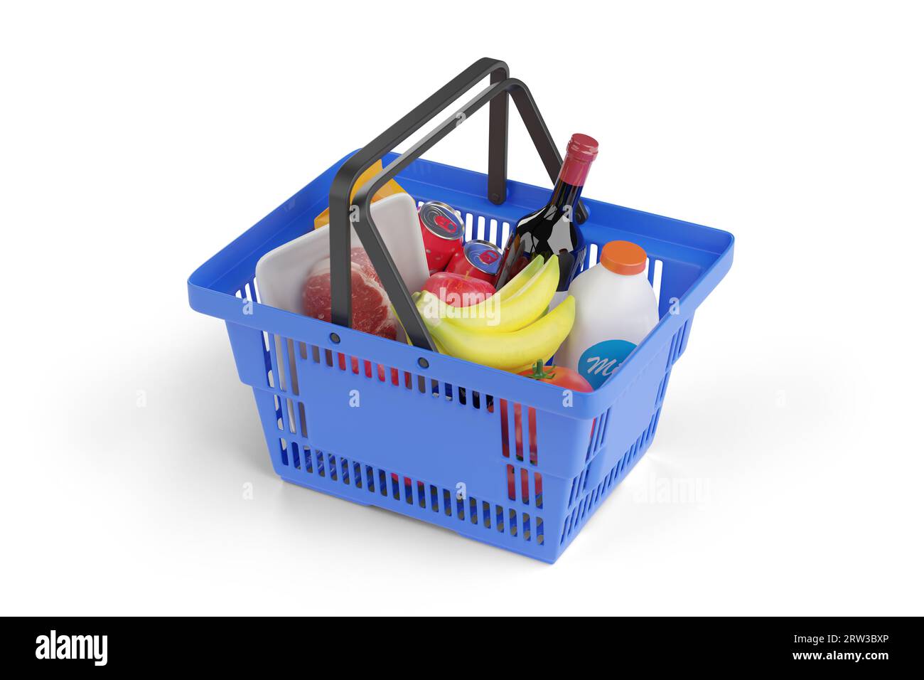 Supermarket basket with various items isolated on white background. 3d illustration. Stock Photo
