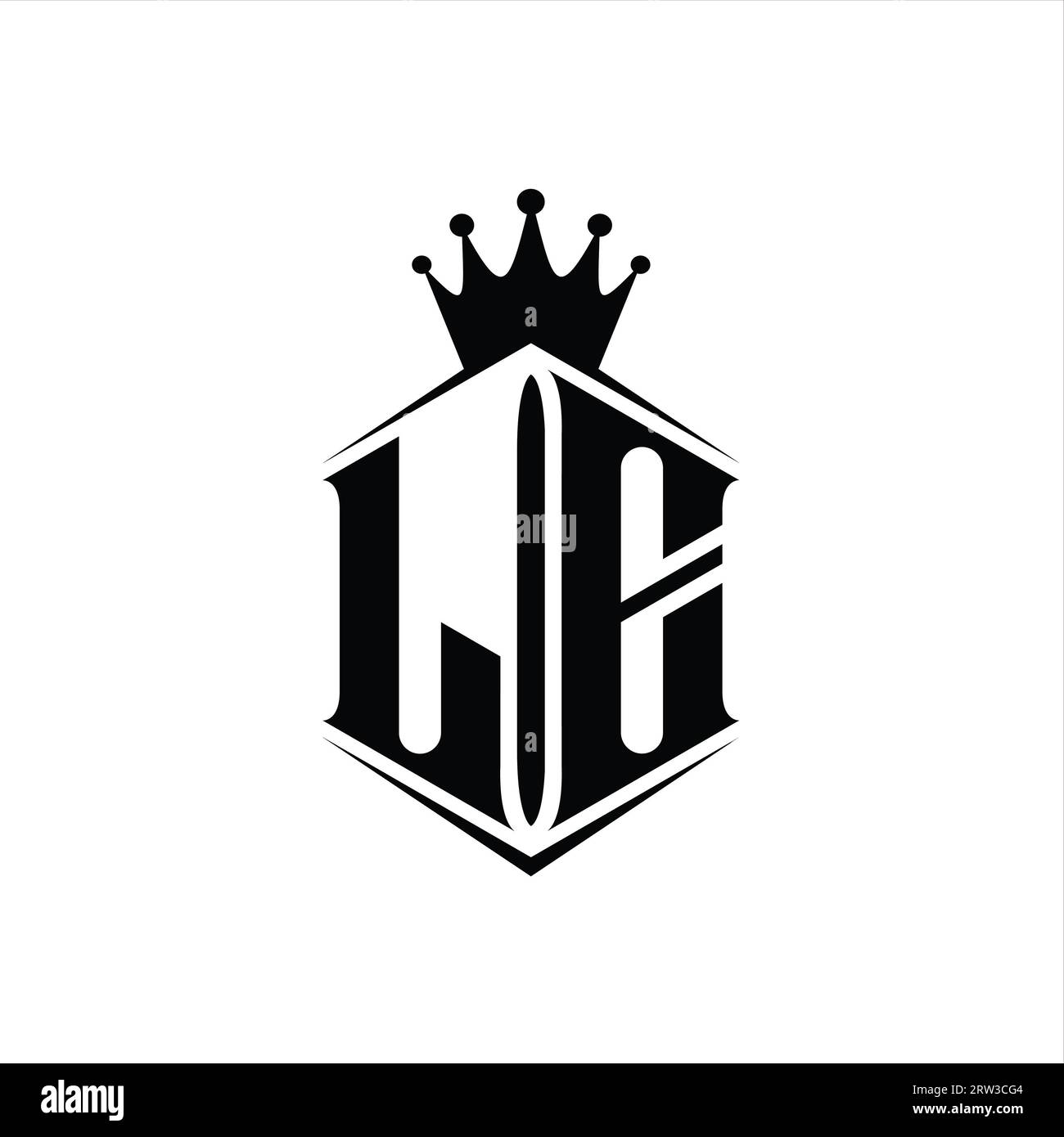 LE Letter Logo monogram hexagon shield shape crown with sharp style ...