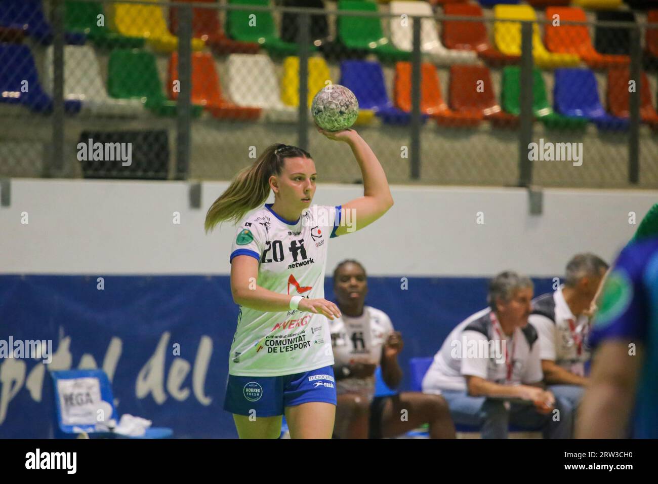 Oviedo, Spain, 16th September, 2023: Elda Prestigio player, Sofia Clara (20) with the ball during the 3rd Matchday of the Liga Guerreras Iberdrola 2023-24 between Lobas Global Atac Oviedo and Elda Prestigio, on September 16 of 2023, at the Florida Arena Municipal Sports Center, in Oviedo, Spain. Credit: Alberto Brevers / Alamy Live News Stock Photo