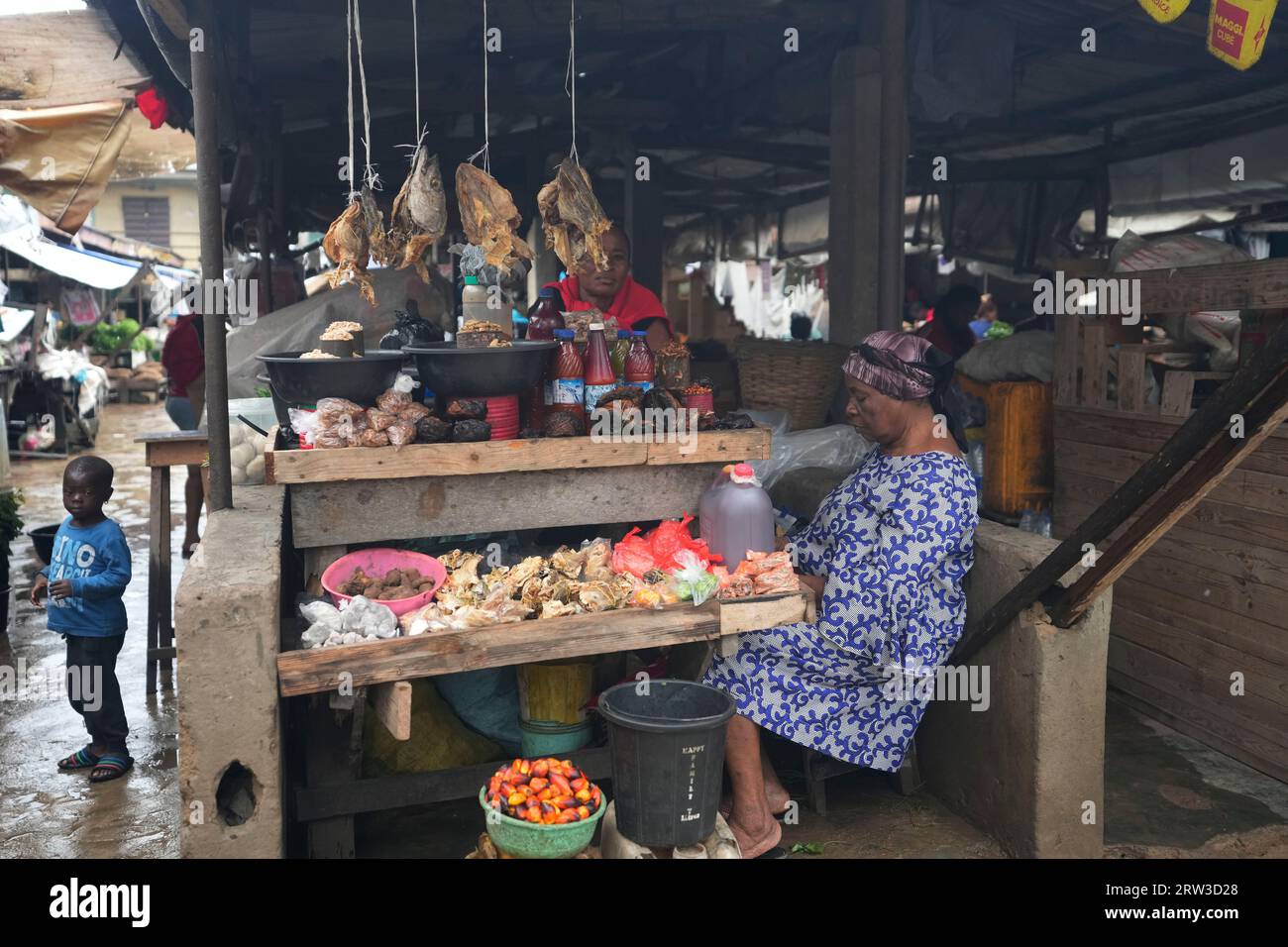 A women sells stockfish at a market in Lagos, Nigeria on Saturday, Sept. 16,  2023. (AP Photo/Sunday Alamba Stock Photo - Alamy