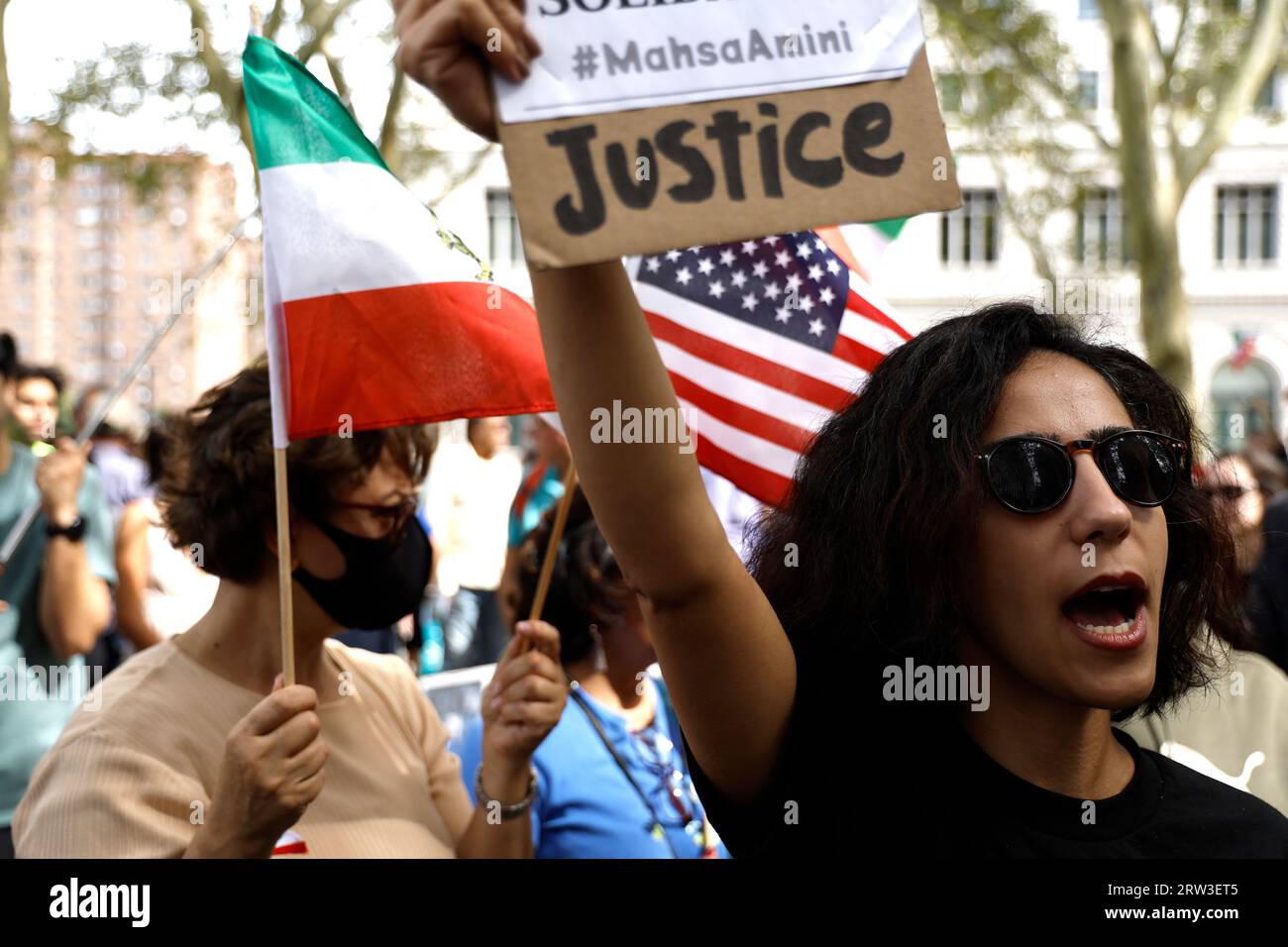 New York City, USA. 16th Sep, 2023. Hundredths march from lower Manhattan to Brooklyn in protest against the Iranian regimes maltreatment of women on September 16, 2023 in New York City, USA. Protests set off in many world cities on the anniversary of the killing of Mahsa Amini by the Iranian morality police. 'United Nations charter stipulates that women should be free to exercise their bodily autonomy and to uphold basic human rights'. (Photo by John Lamparski/Sipa USA) Credit: Sipa USA/Alamy Live News Stock Photo