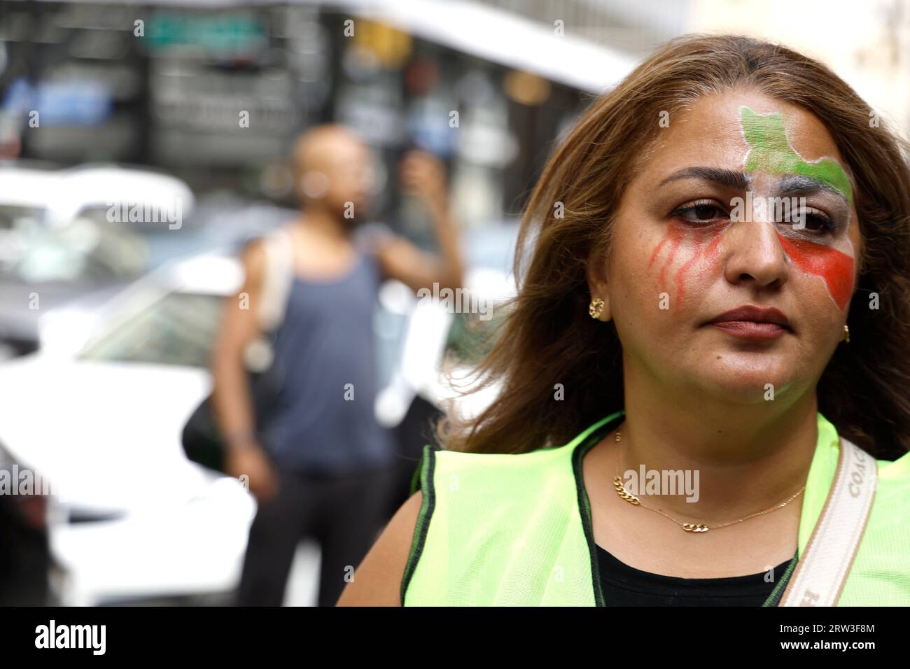 New York City, USA. 16th Sep, 2023. Hundredths march from lower Manhattan to Brooklyn in protest against the Iranian regimes maltreatment of women on September 16, 2023 in New York City, USA. Protests set off in many world cities on the anniversary of the killing of Mahsa Amini by the Iranian morality police. 'United Nations charter stipulates that women should be free to exercise their bodily autonomy and to uphold basic human rights'. (Photo by John Lamparski/Sipa USA) Credit: Sipa USA/Alamy Live News Stock Photo