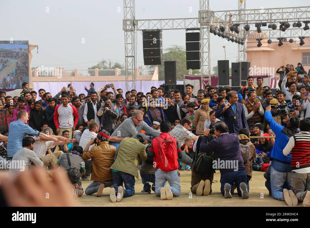 Bikaner, Rajasthan, India - January 15, 2017 : tug of war in the camel festival in Bikaner between locals and tourists Stock Photo