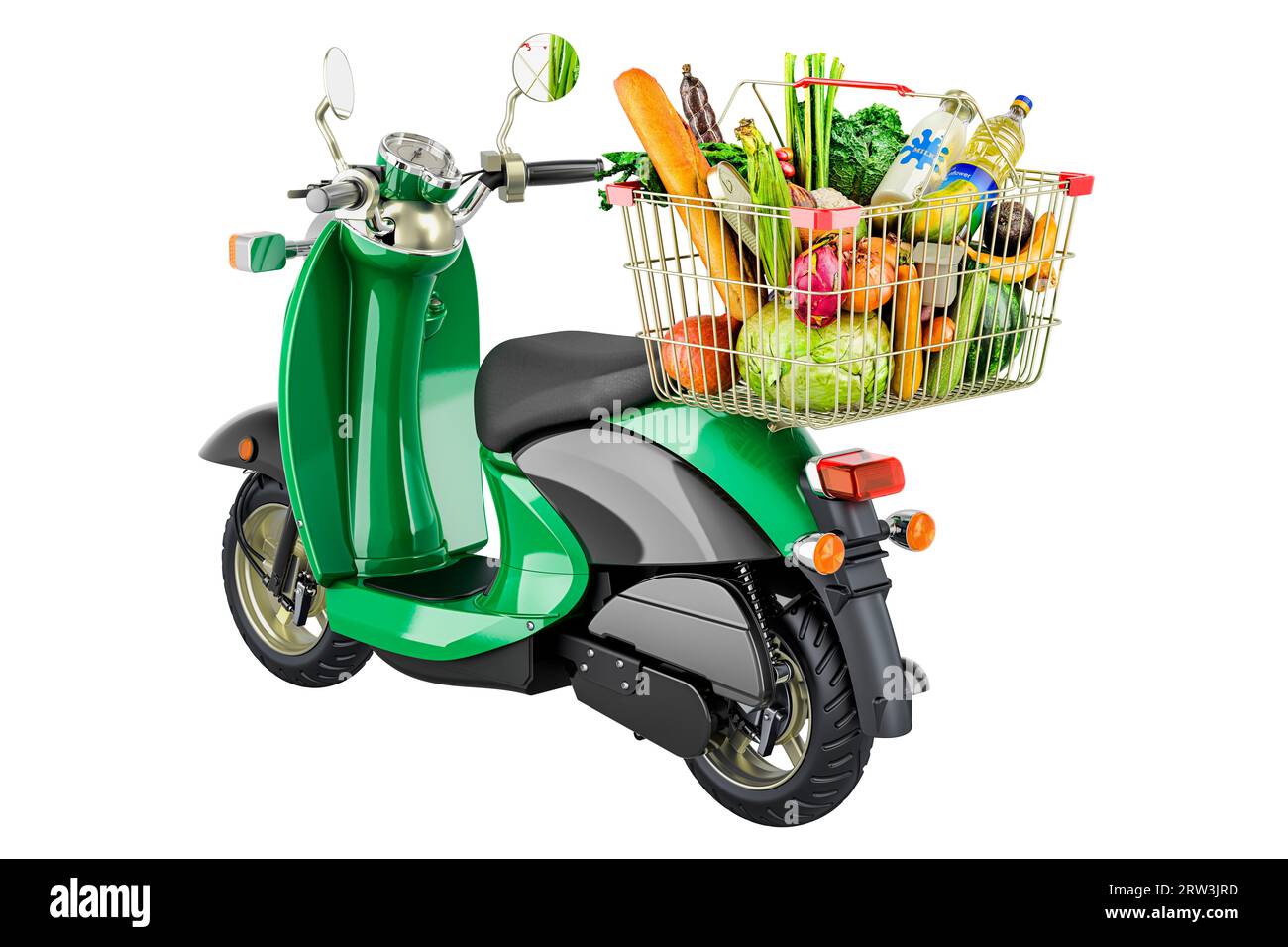 Motor scooter with shopping basket full of products. Order products