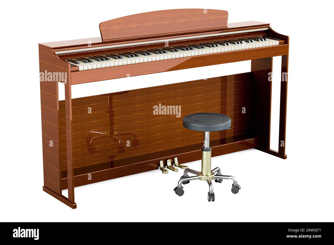Digital Piano with Piano Stool on Wheels, 3D rendering isolated on