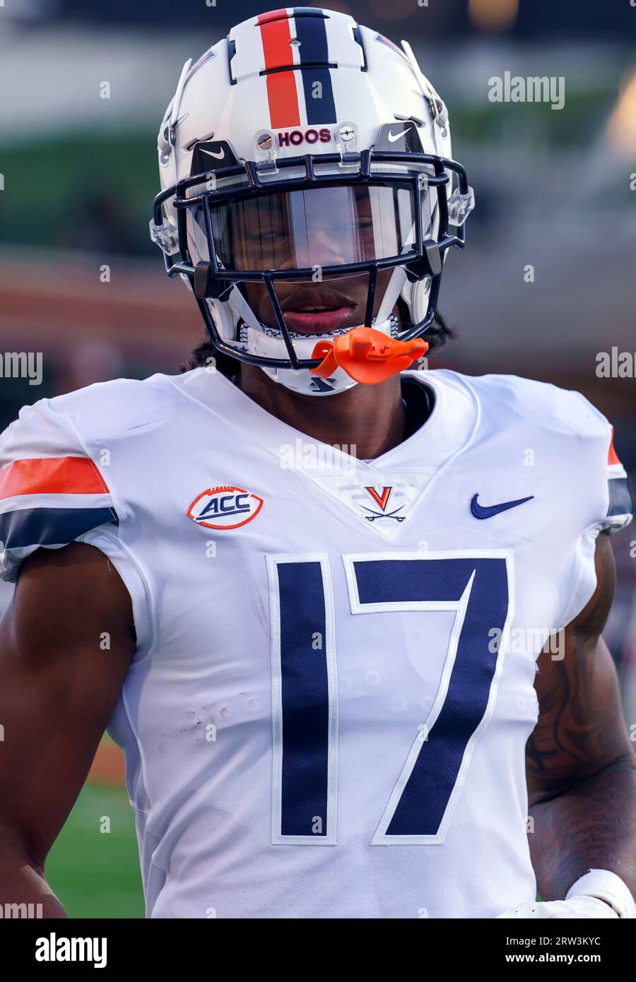 COLLEGE PARK, MARYLAND, USA - 15 SEPTEMBER : Virginia Cavaliers wide receiver JR Wilson (17) before a college football game between the Maryland Terrapins and the Virginia Cavaliers on September 15, 2023, at SECU Stadium in College Park, Maryland. (Photo by Tony Quinn-Alamy Live News) Stock Photo