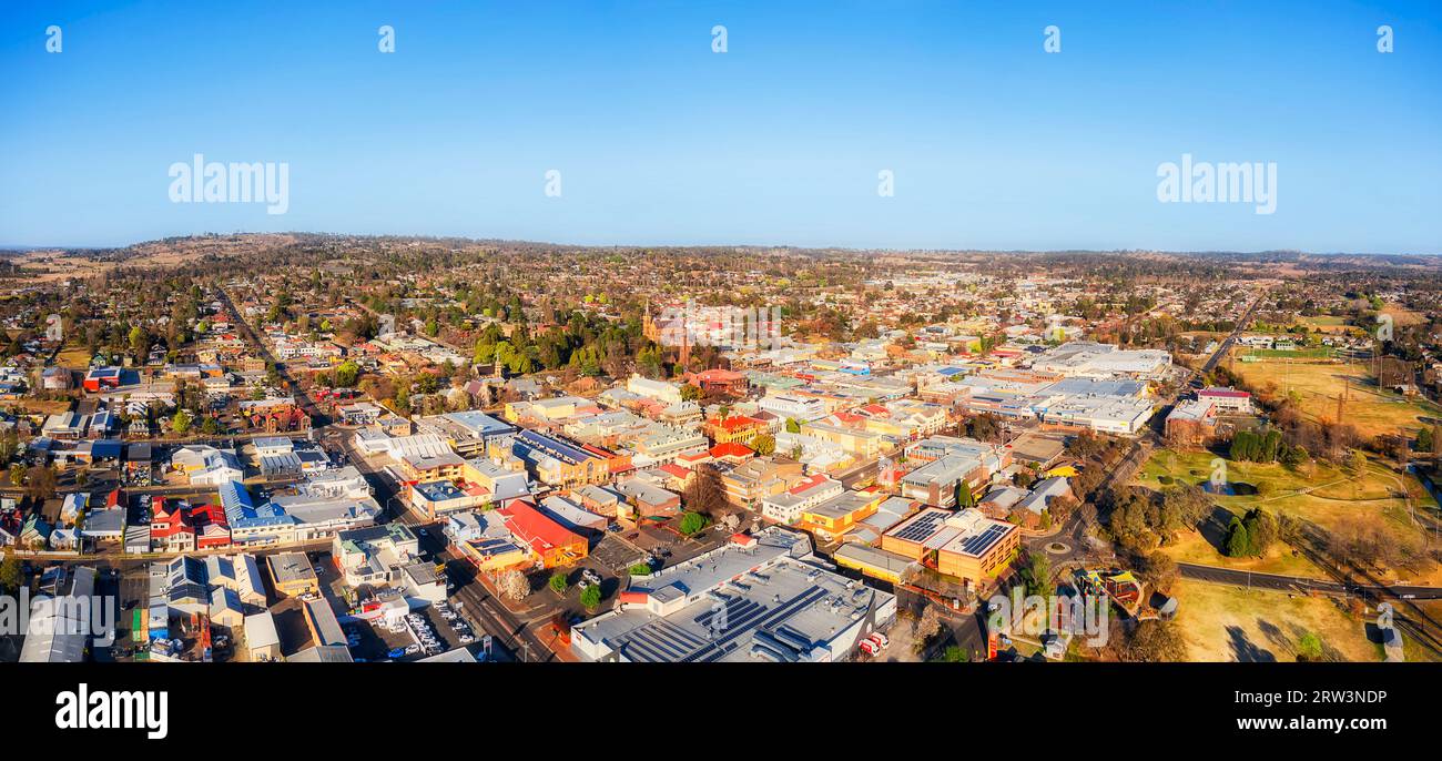 Historic architectural downtown of Armidale highland town in Australia - aerial panorama. Stock Photo