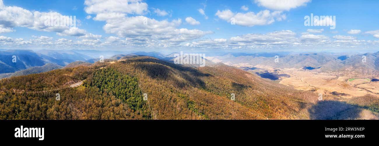 Scenic travel stop over lookout on Thunderbolts way through mountains of the Great Dividing range plateau in Australia - aerial panorama. Stock Photo