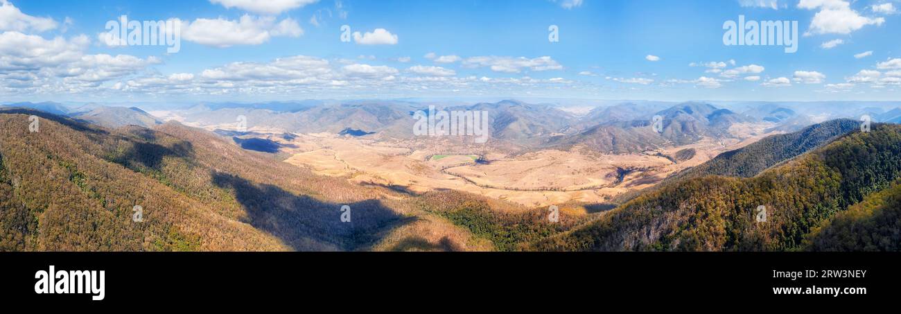 Aerial panoramic view over mountain valley from Pioneer lookout on Thunderbolts way of Great Dividing range in Australia. Stock Photo