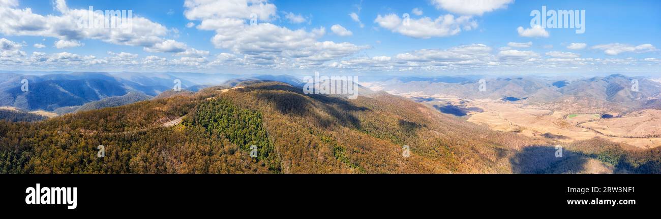 Scenic lookout on Thunderbolts way through mountains of the Great Dividing range plateau in Australia - aerial panorama. Stock Photo