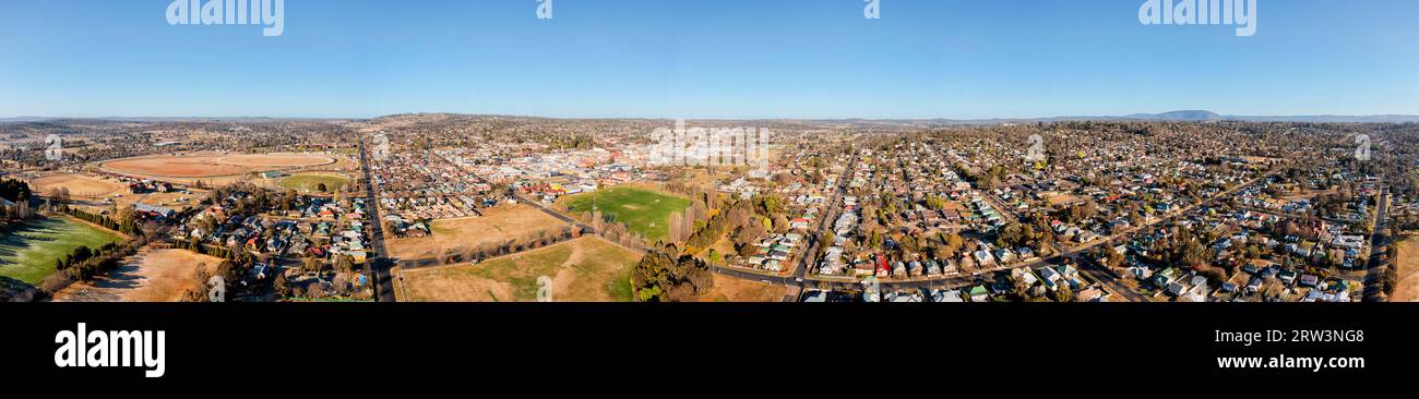 Wide aerial panorama of Armidale town on Great Dividing range plateau in Australia. Stock Photo