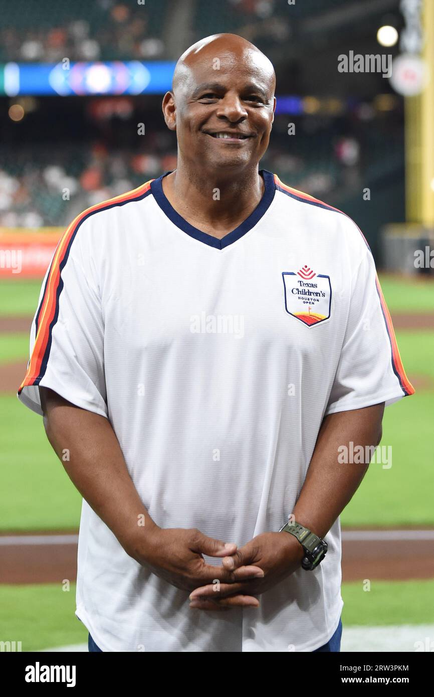 Houston Oilers Pro Football Hall of Fame quarterback Warren Moon (1) before the MLB game between the Oakland Athletics and the Houston Astros on Wedne Stock Photo