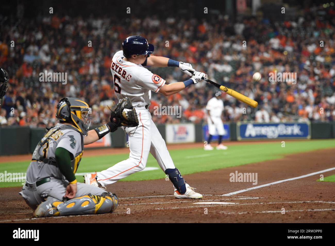 Houston Astros center fielder Jake Meyers (6) batting in the bottom of the third inning of the MLB game between the Oakland Athletics and the Houston Stock Photo