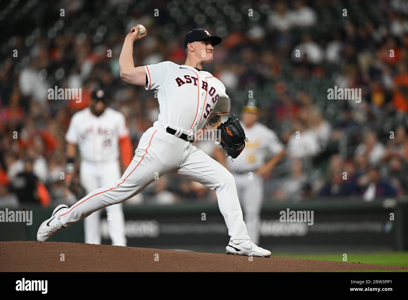 Houston Astros starting pitcher Hunter Brown (58) throws 5 innings of no-hit baseball during the MLB game between the Oakland Athletics and the Housto Stock Photo