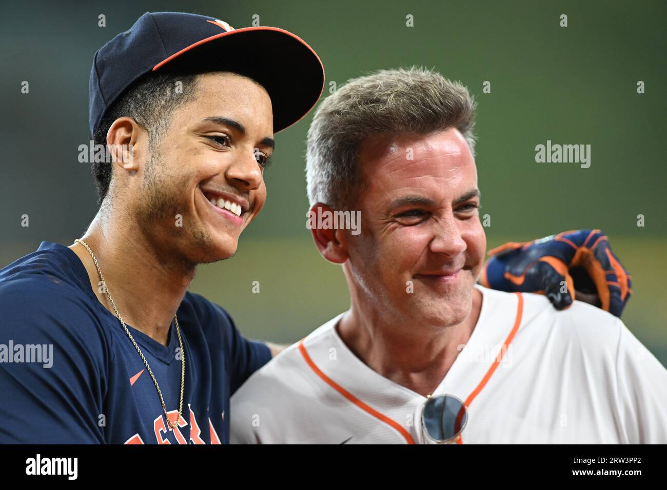 Houston Astros shortstop Jeremy Pena (3) poses with actor/singer Carlos Ponce prior the MLB game between the Oakland Athletics and the Houston Astros Stock Photo