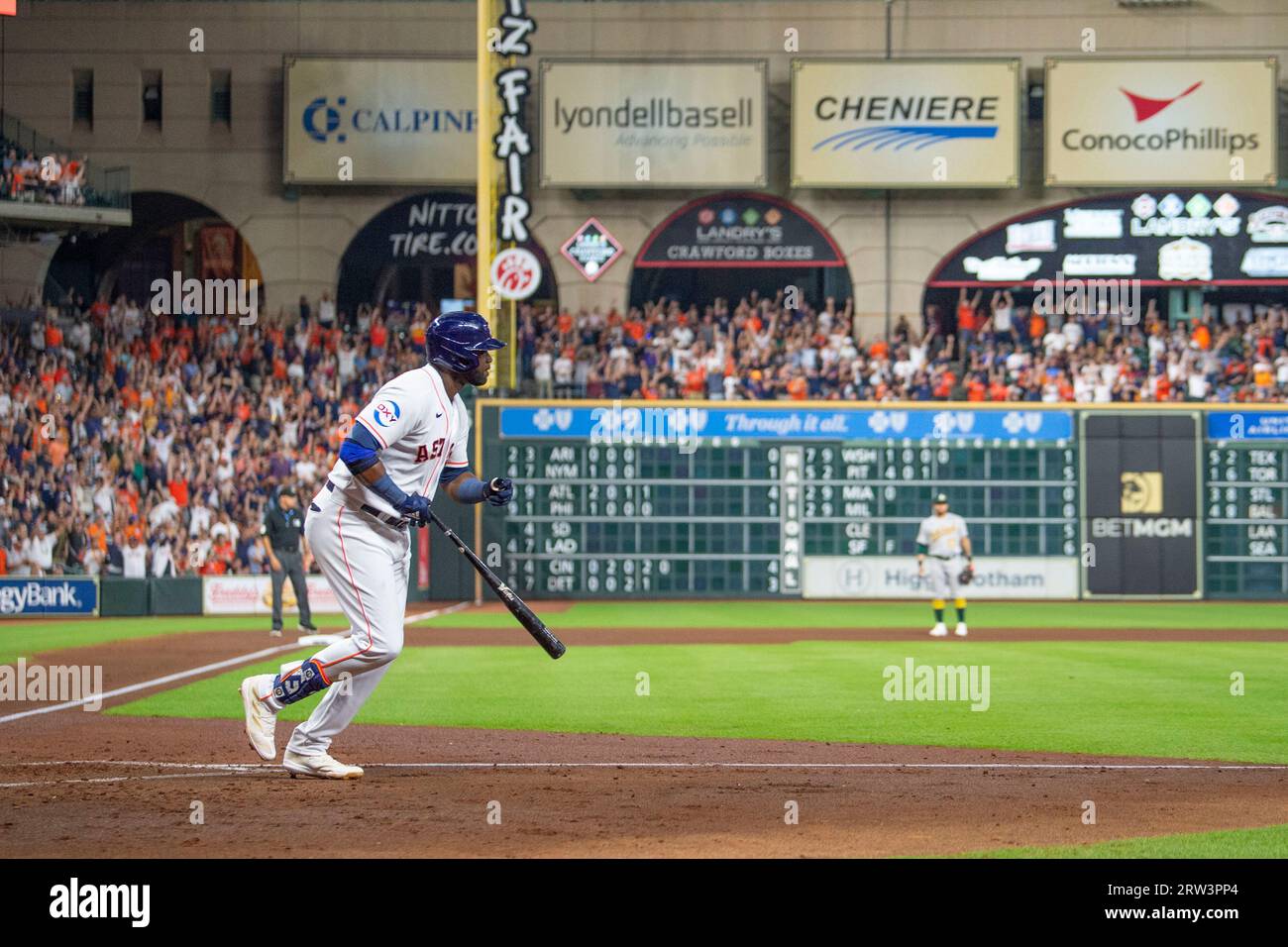 Houston Astros left fielder Yordan Alvarez (44) starts his home-run trot after slamming a 358-foot monster home run to left-center in the bottom of th Stock Photo