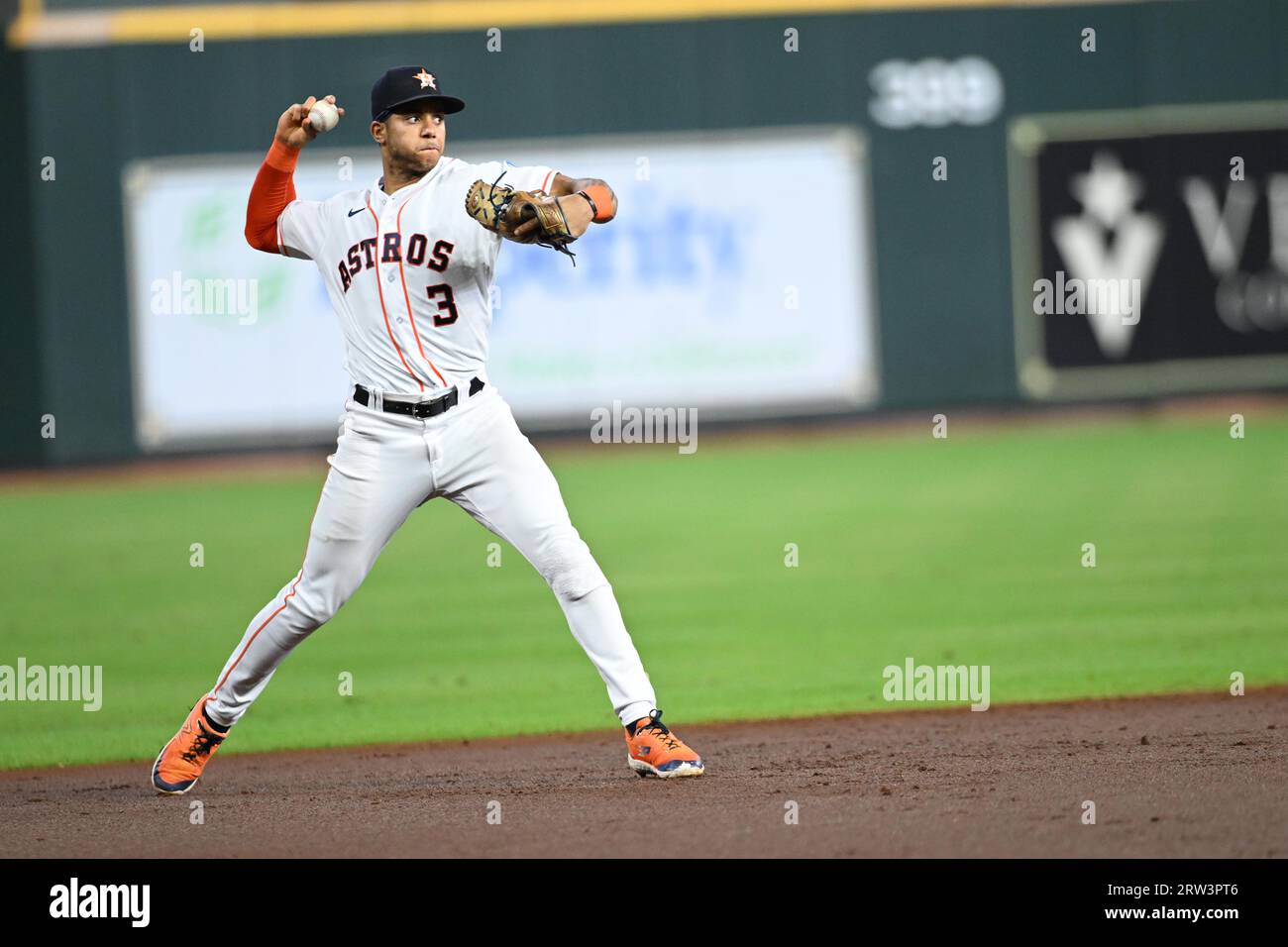 Houston Astros shortstop Jeremy Pena (3) makes a play in the top of the second inning of the MLB game between the Oakland Athletics and the Houston As Stock Photo