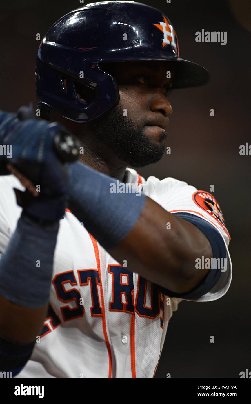 Houston Astros left fielder Yordan Alvarez (44) getting ready to bat in the bottom of the third inning of the MLB game between the Oakland Athletics a Stock Photo