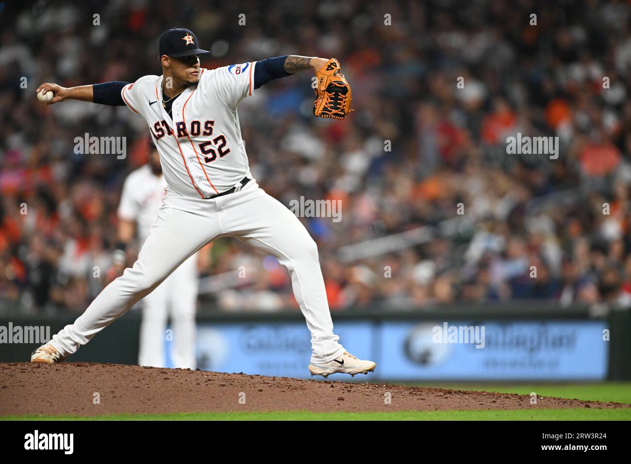 Houston Astros pitcher Bryan Abreu celebrates at the end of a