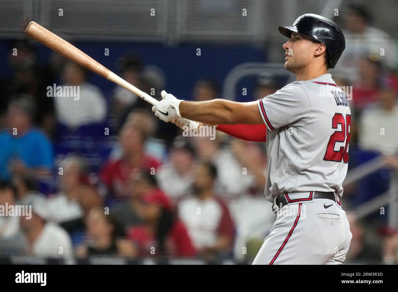 Atlanta Braves' Matt Olson watches his home run against the New