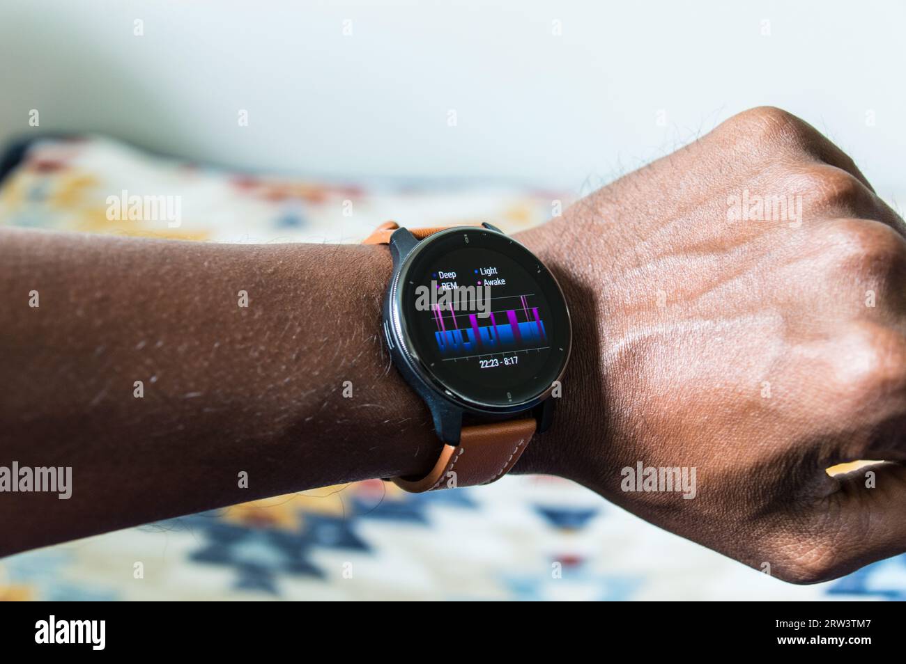 Sleep pattern on the smart watch in wrist Stock Photo