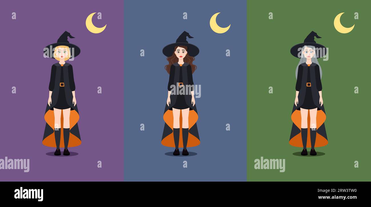 Halloween witches pack. Collection of young beautifull magican for advertisign, marketing, web, banner, or game graphic Stock Vector