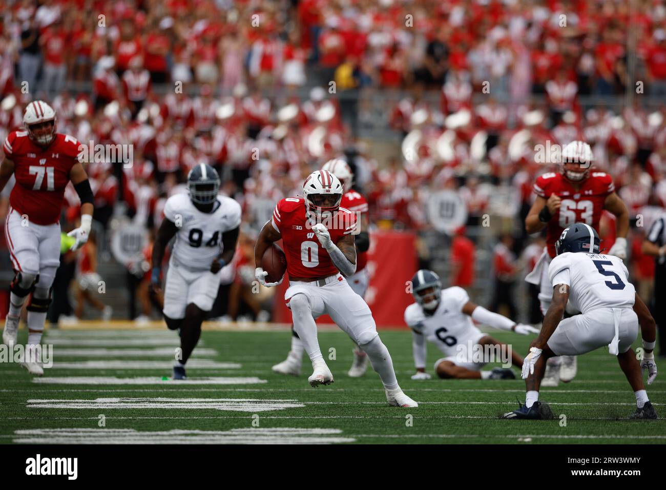 Madison, WI, USA. 16th Sep, 2023. Wisconsin Badgers running back Braelon Allen (0) running the ball during the NCAA Football game between the Georgia Southern Eagles and the Wisconsin Badgers at Camp Randall Stadium in Madison, WI. Darren Lee/CSM/Alamy Live News Stock Photo