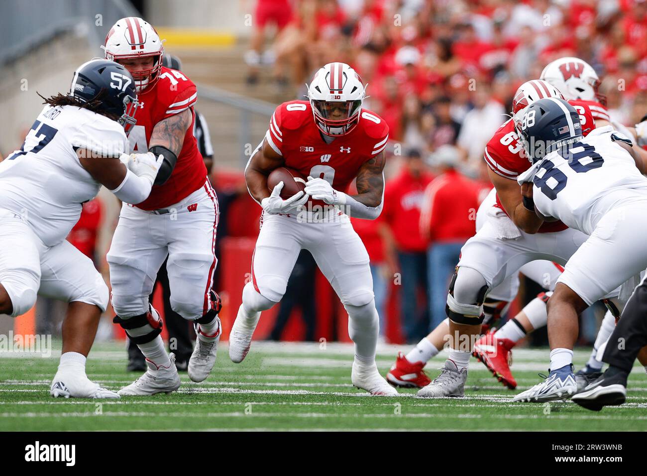 Madison, WI, USA. 16th Sep, 2023. Wisconsin Badgers running back Braelon Allen (0) running the ball during the NCAA Football game between the Georgia Southern Eagles and the Wisconsin Badgers at Camp Randall Stadium in Madison, WI. Darren Lee/CSM/Alamy Live News Stock Photo