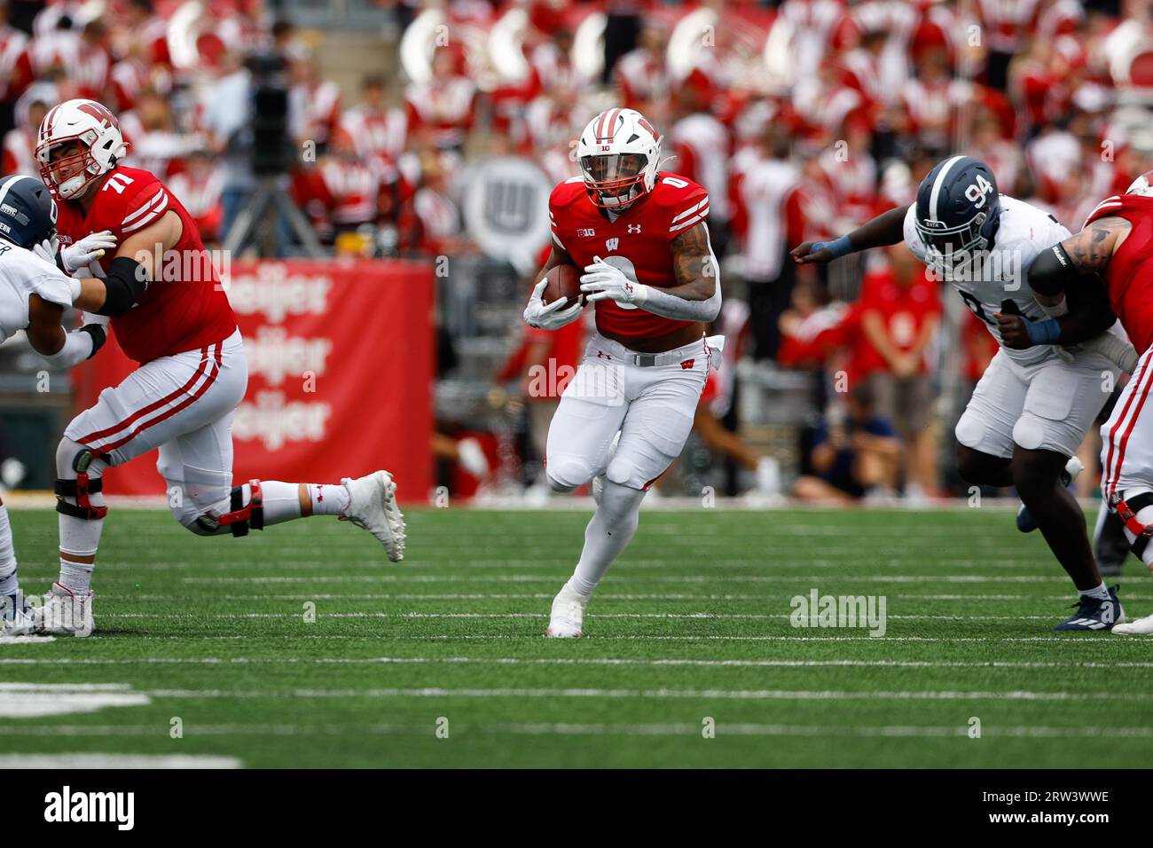 Madison, WI, USA. 16th Sep, 2023. Wisconsin Badgers running back Braelon Allen (0) running the ball during the NCAA Football game between the Georgia Southern Eagles and the Wisconsin Badgers at Camp Randall Stadium in Madison, WI. Darren Lee/CSM/Alamy Live News Stock Photo