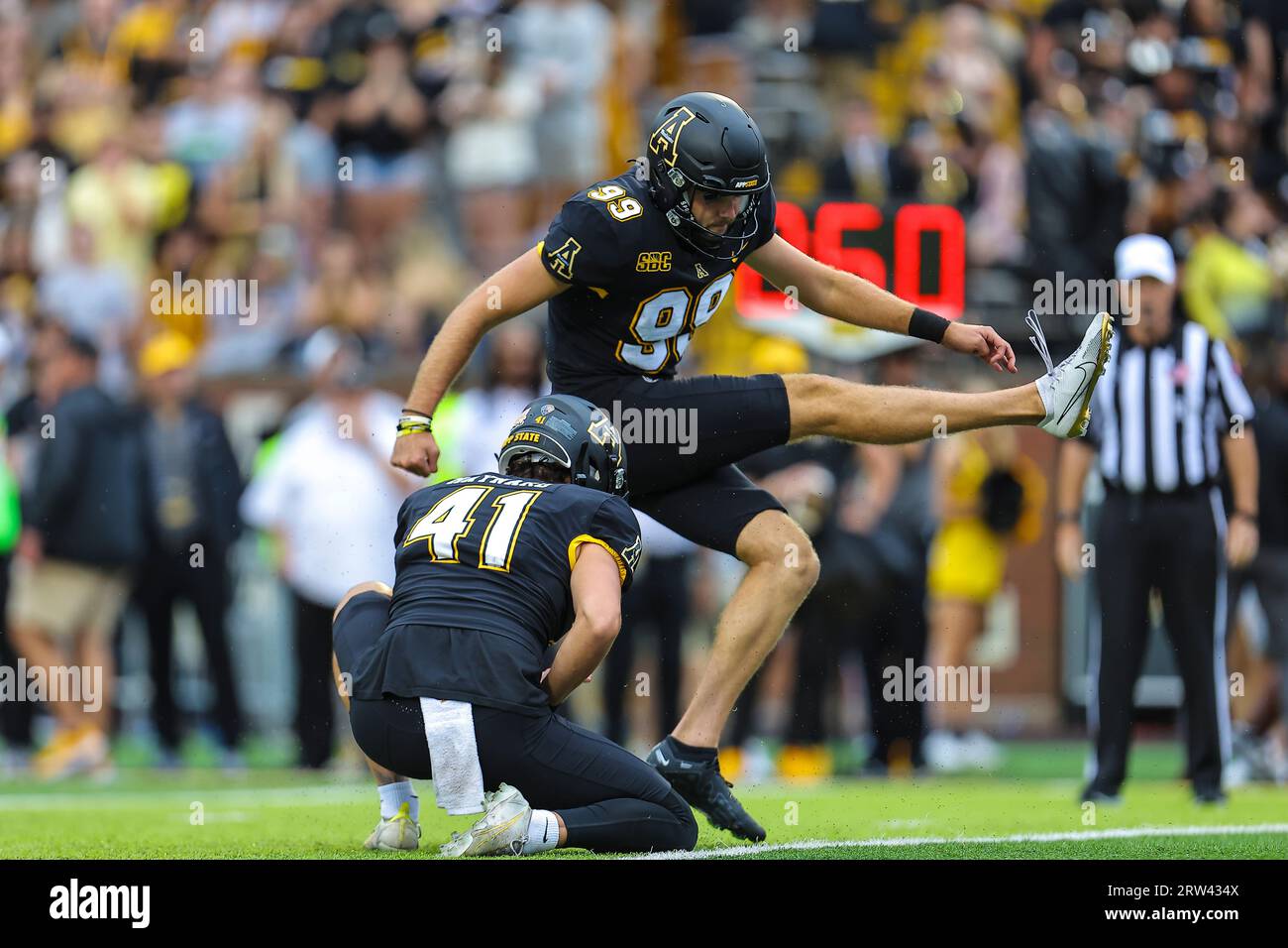 September 16, 2023: Appalachian State junior Michael Hughes (99) hits field goal. NCAA football game between East Carolina University and Appalachian State University, at Kidd Brewer Stadium, Boone, North Carolina. David Beach/CSM Stock Photo