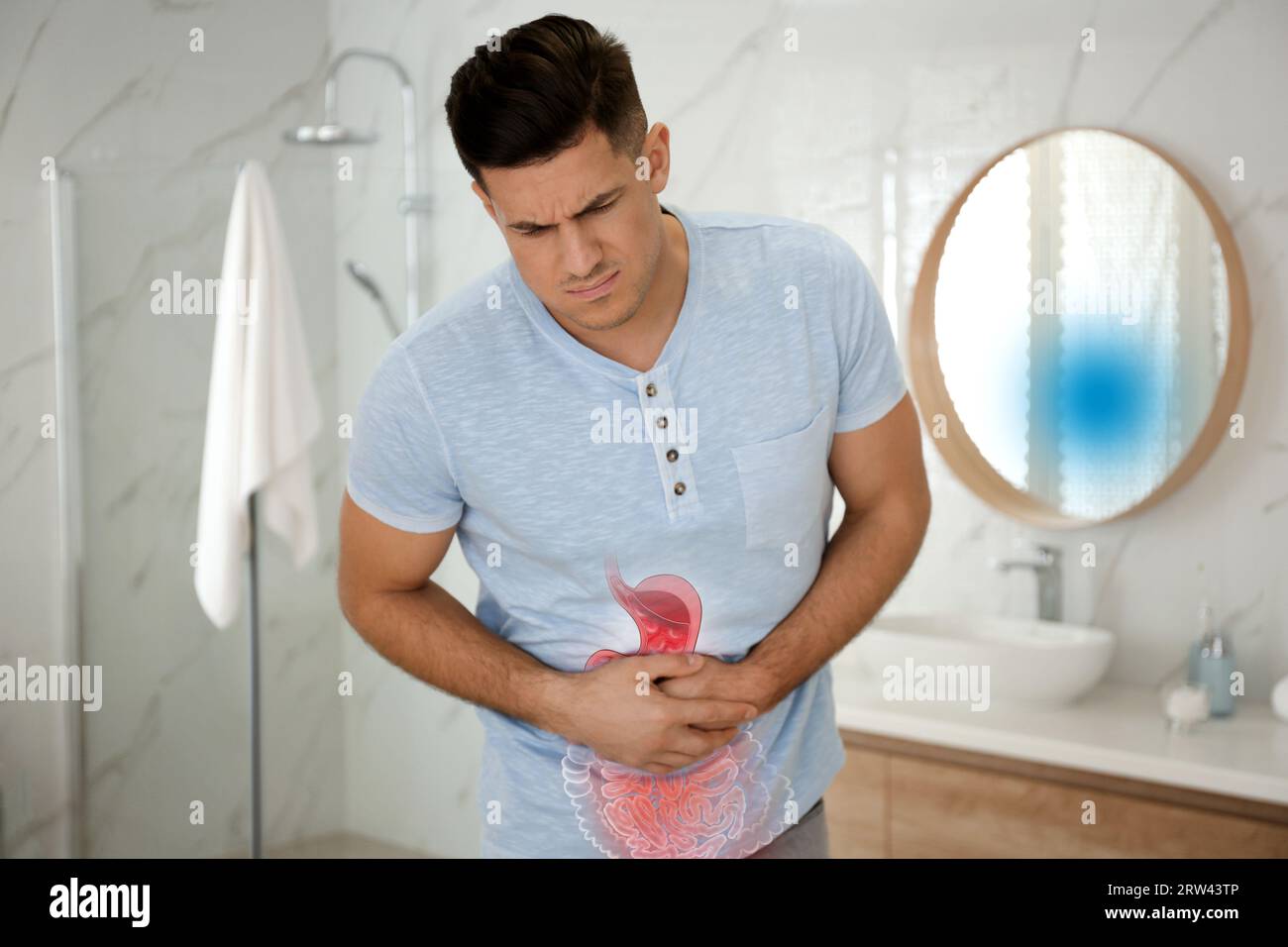 Healthcare service and treatment. Man suffering from abdominal pain in