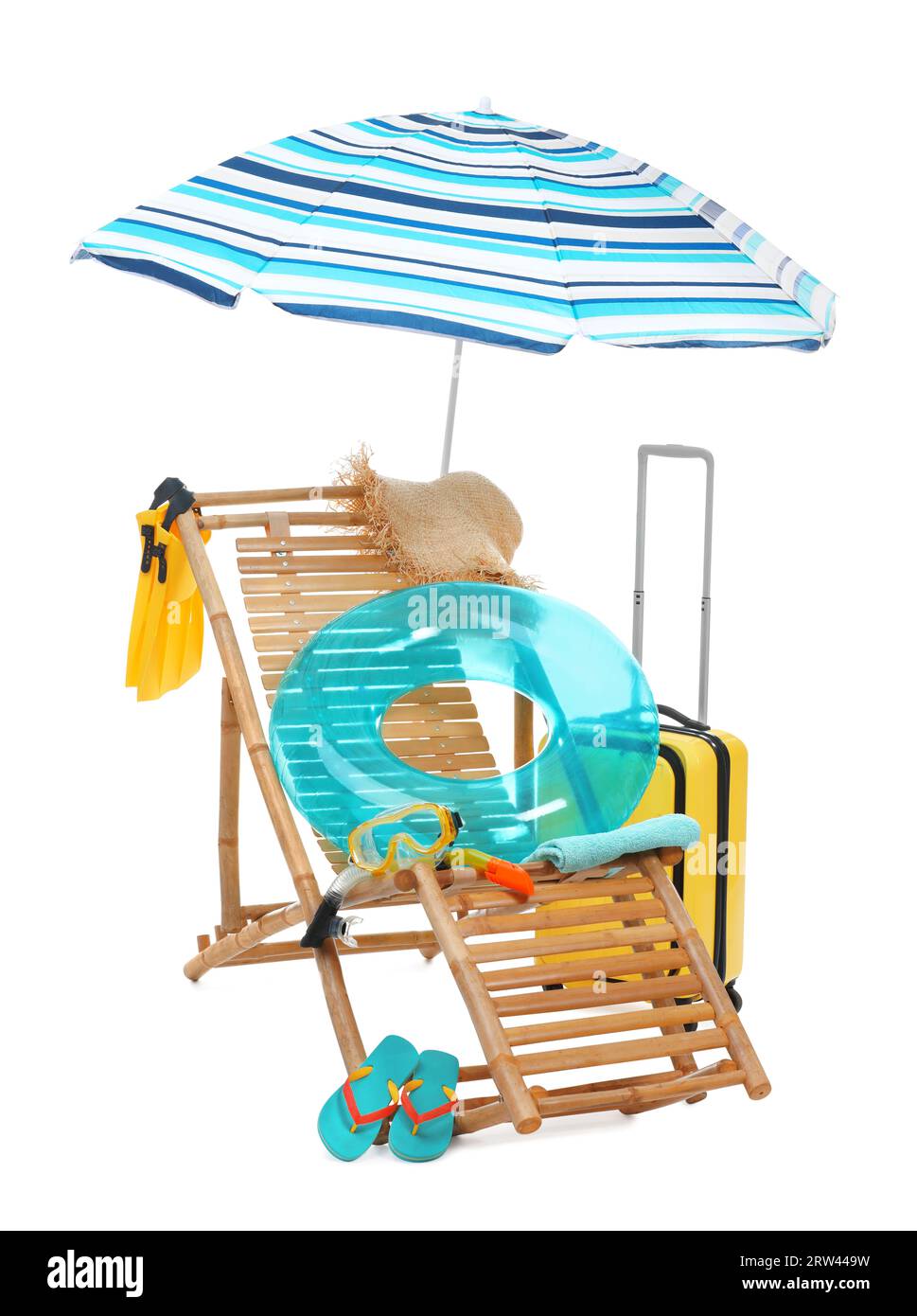 Deck chair, umbrella, suitcase and beach accessories isolated on white ...