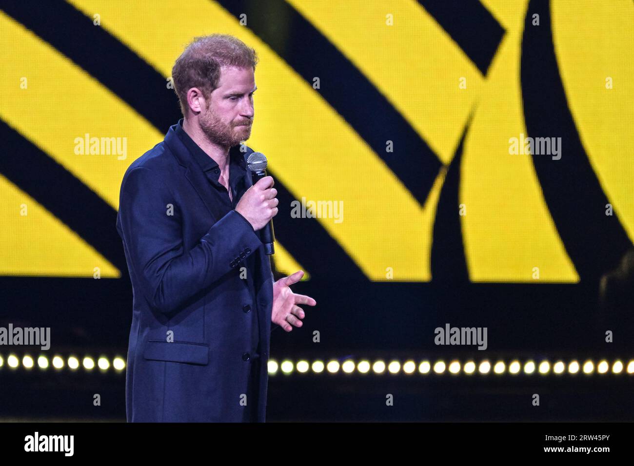 Düsseldorf, Germany. 16th Sep, 2023. Prince Harry, the Duke of Sussex, speaks at the ceremony, visibly moved and emotional in parts. The Invictus Games Düsseldorf conclude with a closing ceremony at Merkur Spiel Arena. 21 nations participated in the games this year. Credit: Imageplotter/Alamy Live News Stock Photo