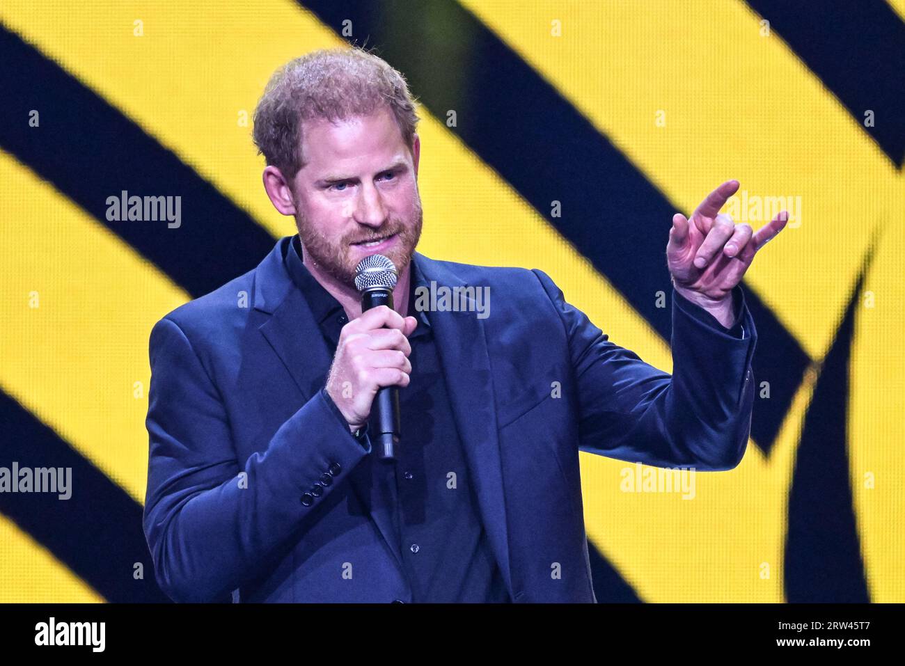 Düsseldorf, Germany. 16th Sep, 2023. Prince Harry, the Duke of Sussex, speaks at the ceremony, visibly moved and emotional in parts. The Invictus Games Düsseldorf conclude with a closing ceremony at Merkur Spiel Arena. 21 nations participated in the games this year. Credit: Imageplotter/Alamy Live News Stock Photo