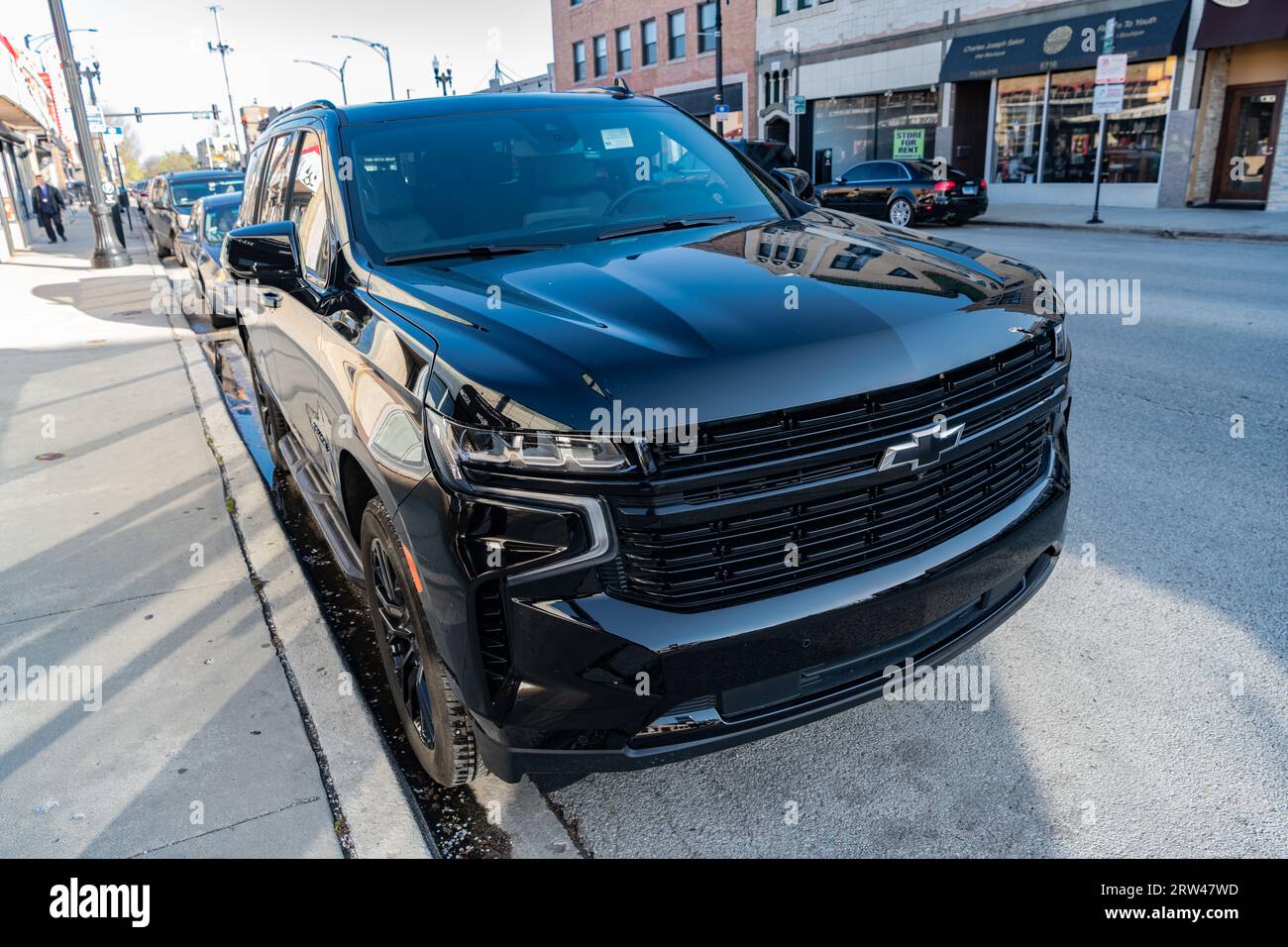 Chicago City, USA - April 26, 2023: 2023 Chevrolet Tahoe SUV black car ...