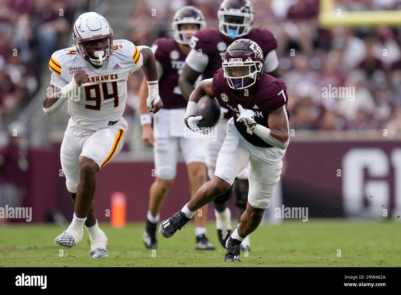Texas AandM wide receiver Moose Muhammad III (7) breaks free for a first down after a catch against Louisiana-Monroe during the second half of an NCAA college football game Saturday, Sept