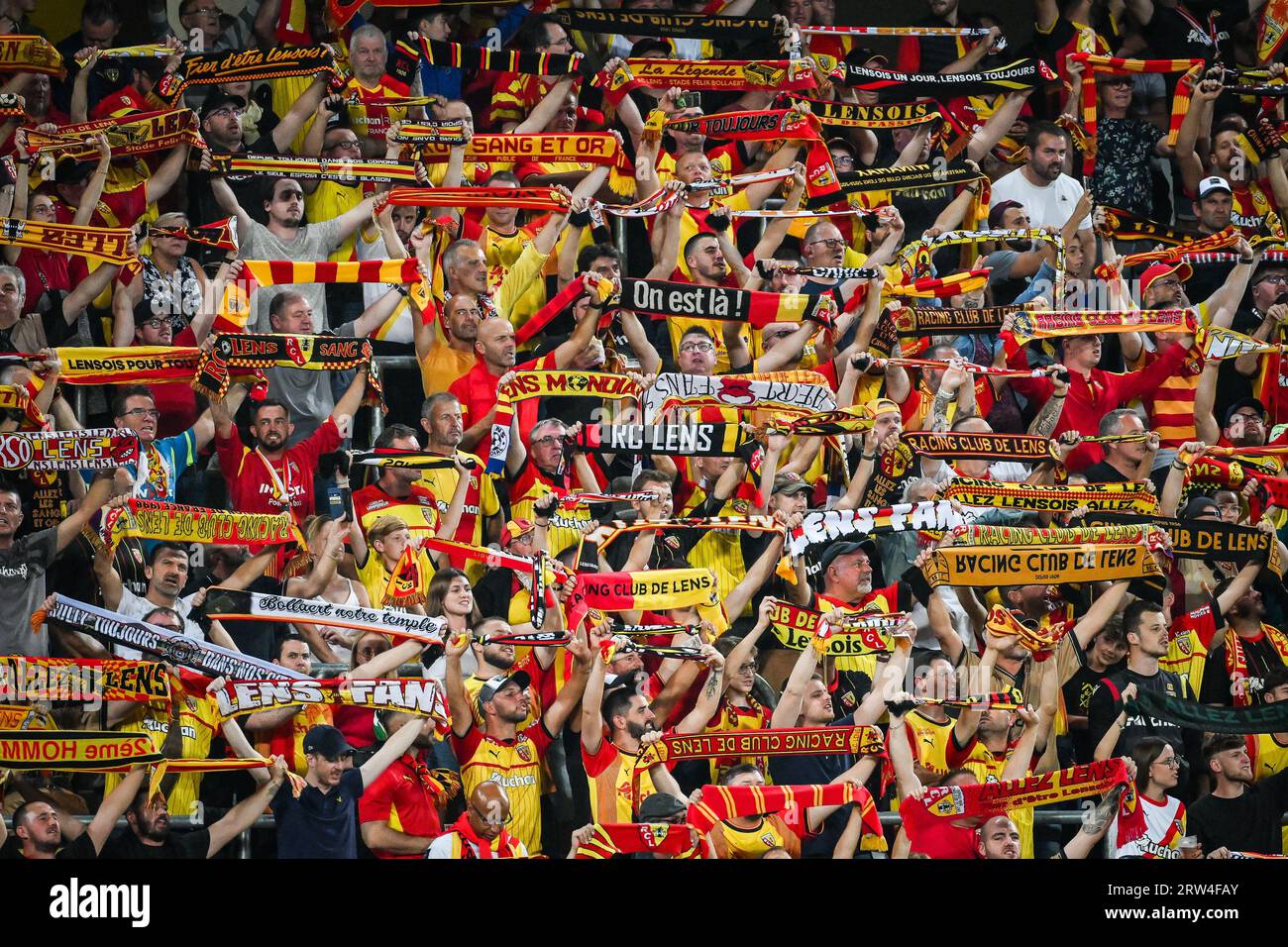 Supporters of Lens during the French championship Ligue 1 football match between RC Lens and FC Metz on September 16, 2023 at Felix Bollaert stadium in Lens, France Stock Photo