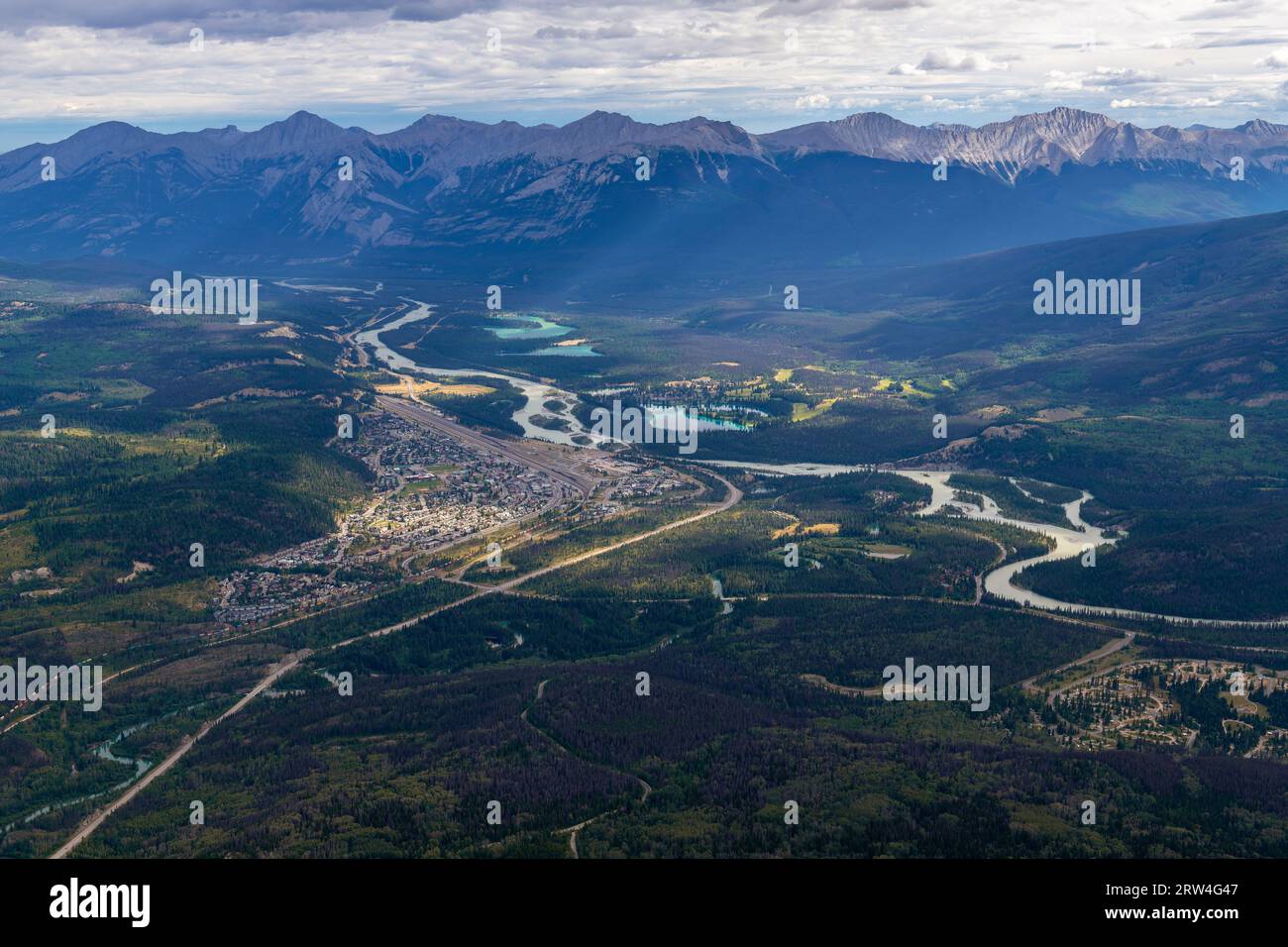 Aerial view of Jasper town and Athabasca river from Whistlers Mountain, Jasper national park, Canada. Stock Photo