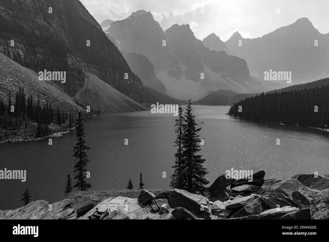 Moraine Lake and Valley of Ten Peaks in black and white, Banff national park, Canada. Stock Photo